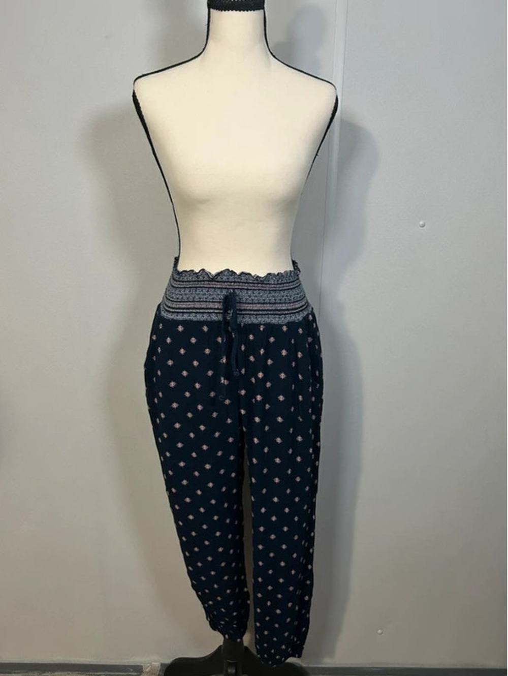 Boho Floral Harem Pants Navy Smocked Waist Drawstring Medium M